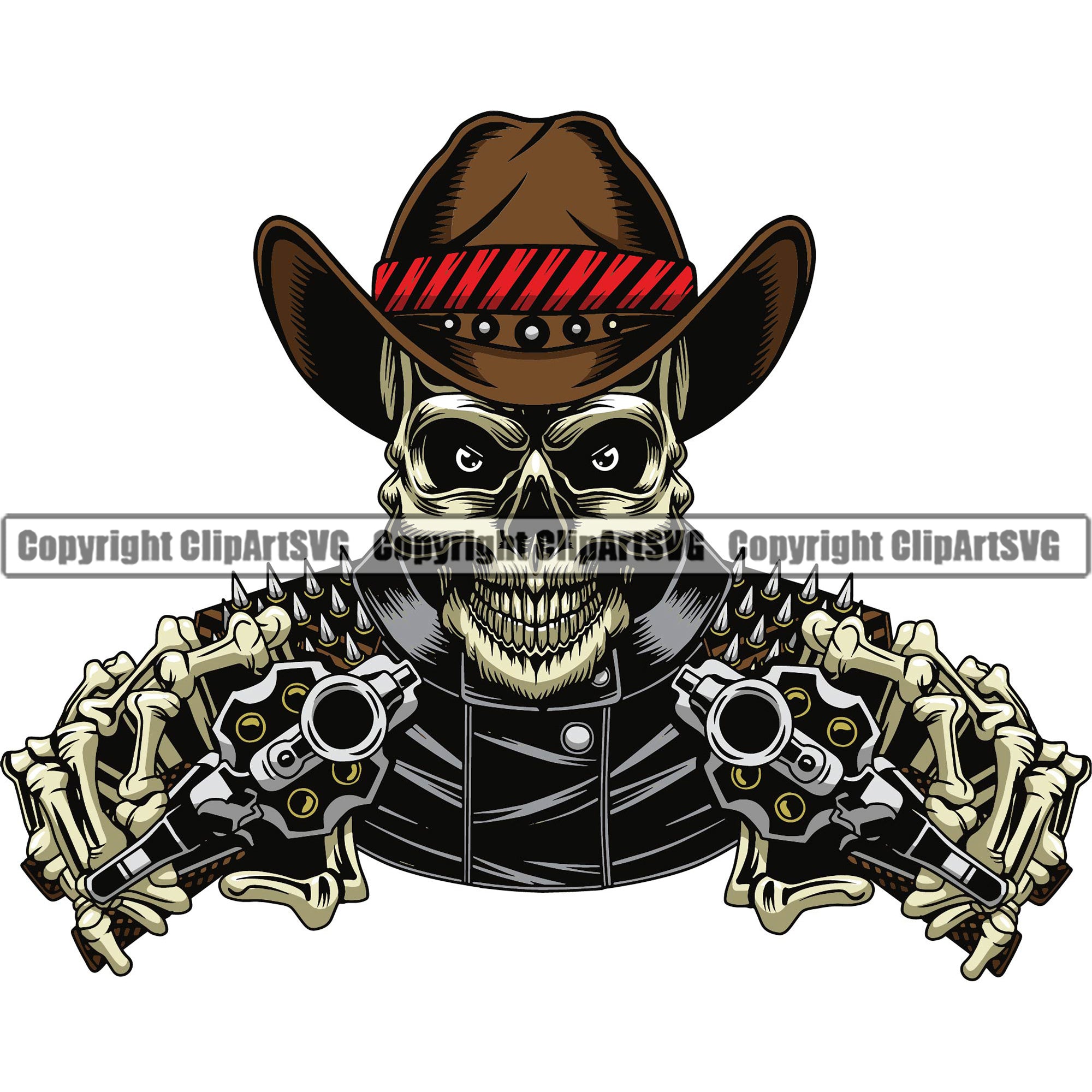 Cowboy Western Texas Vintage Cowboy Skull Skeleton Holding Guns Pistols  Revolvers Hand Leather Jacket Spikes Head Color Design Element Country  Rodeo Traditional Retro Old Wild West Art Design Isolated Rancher Logo  Clipart, image size:2000x2000