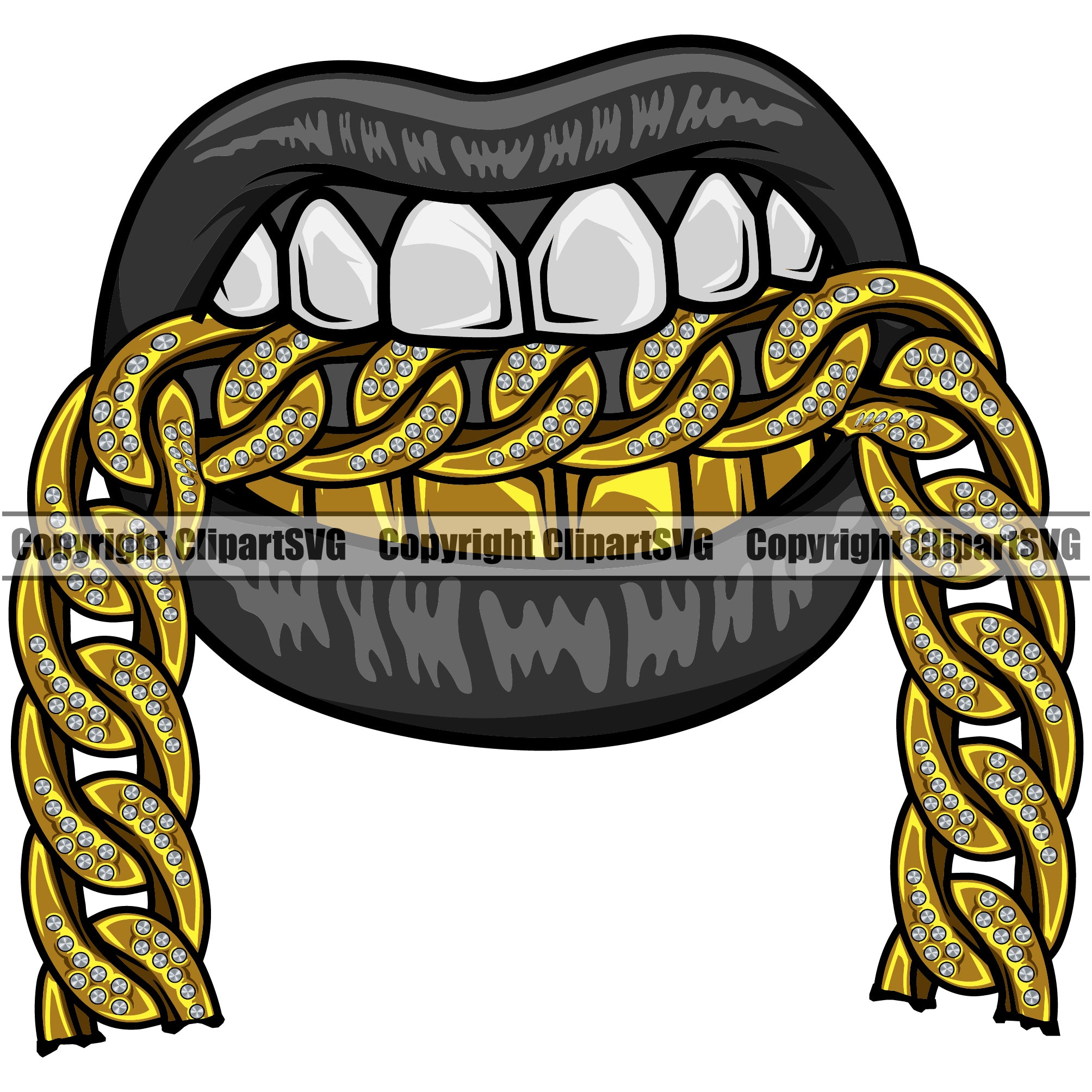 Lips Mouth Gold Teeth Bite Biting Gold Diamond Chain Necklace