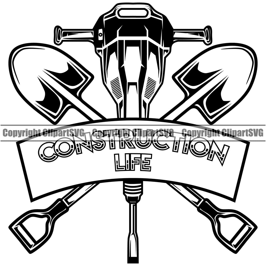 Construction Work Worker Building Contractor Jackhammer Shovel Empty Blank Banner Ribbon Construction Life Quote Text Logo White Background Design Element Builder Build Building Carpenter Business Company Job Design Logo Clipart SVG