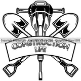 Construction Work Worker Building Contractor Jackhammer Shovel Empty Blank Banner Ribbon Construction Life Quote Text Logo White Background Design Element Builder Build Building Carpenter Business Company Job Design Logo Clipart SVG
