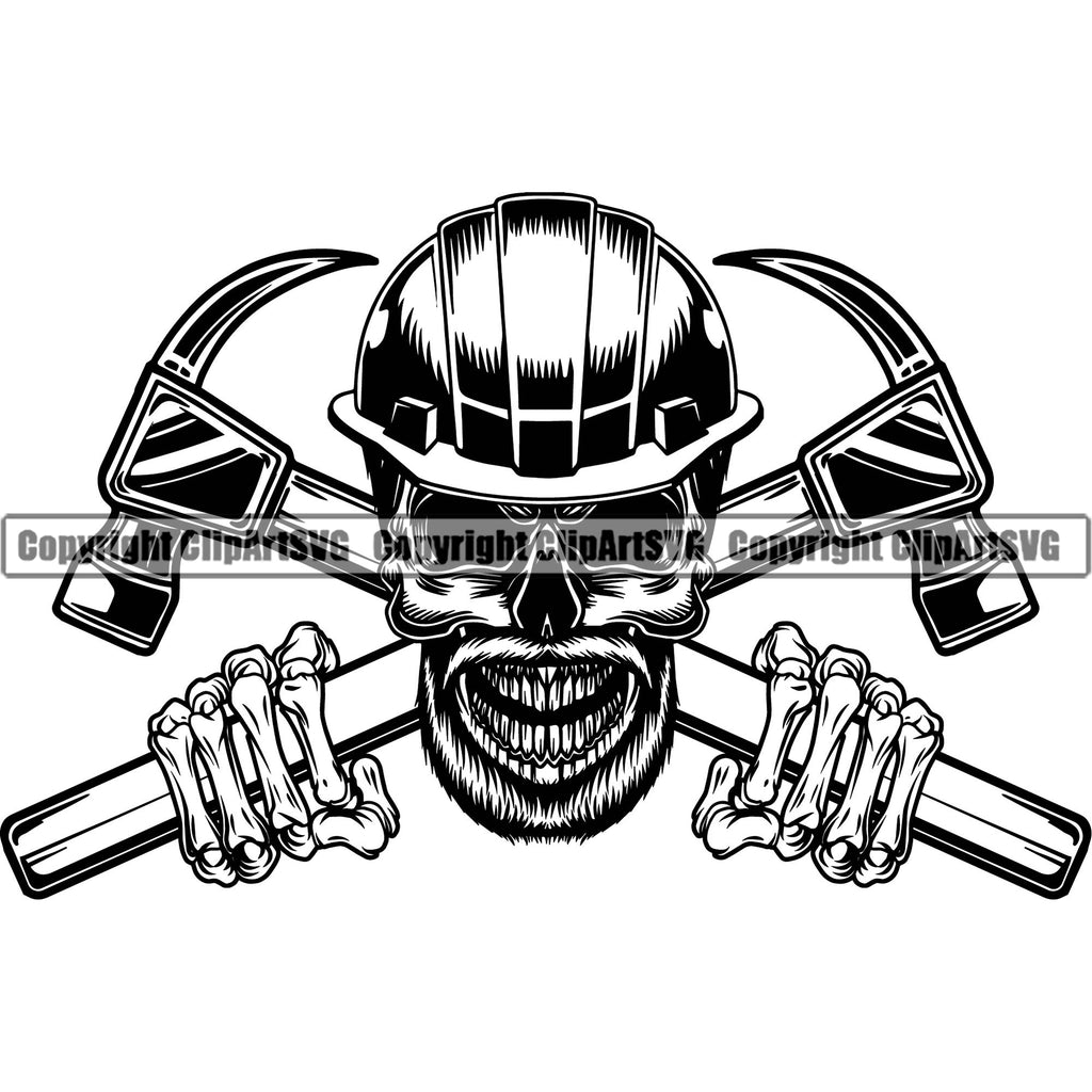 Construction Work Worker Building Contractor Skull Hammer Behind Crossed Hand Logo Head Design Element Builder Build Building Carpenter Business Company Job Design Logo Clipart SVG