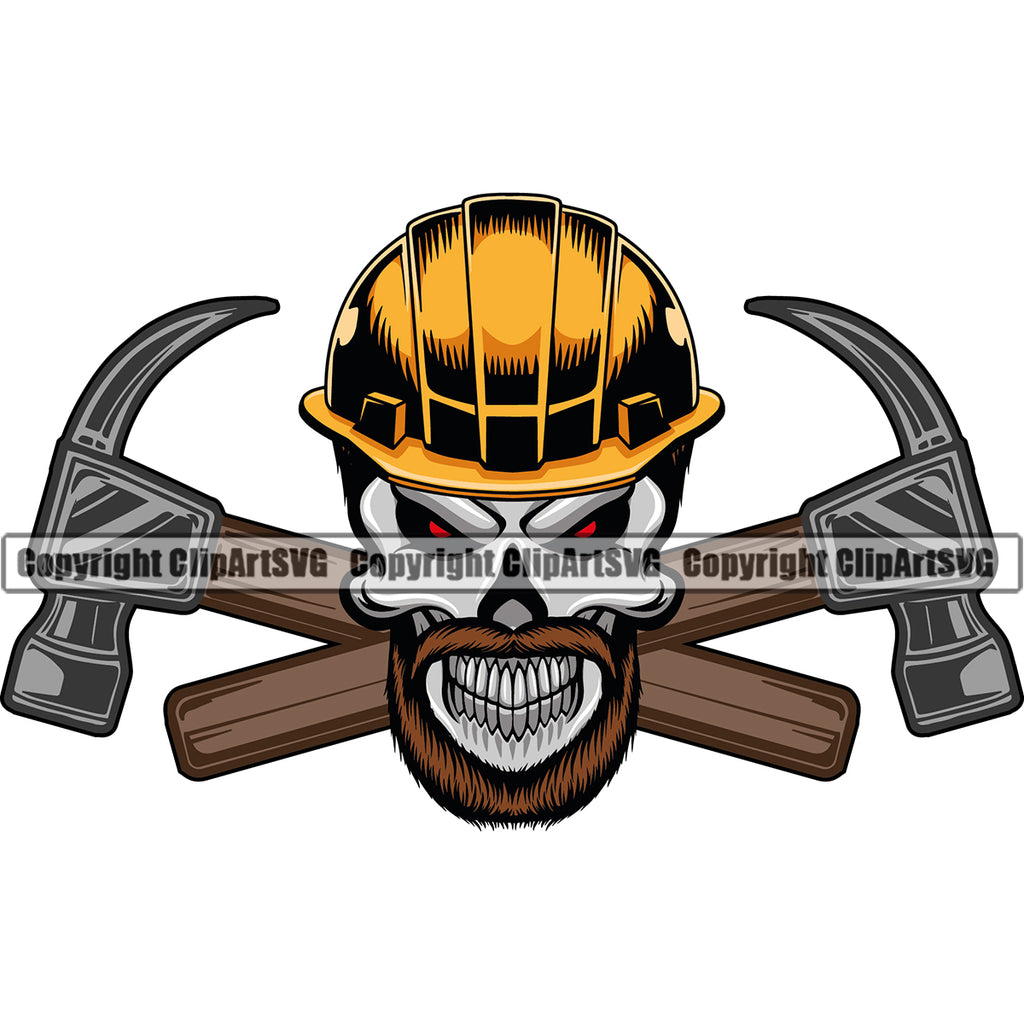 Construction Work Worker Building Contractor Skull Hammer Behind Crossed Logo Red Eyes Head Design Element Builder Build Building Carpenter Business Company Job Design Logo Clipart SVG