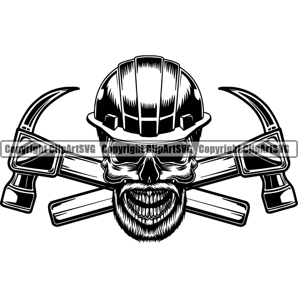 Construction Work Worker Building Contractor Builder Build Building Carpenter Skull Hammer Behind Crossed Logo White Background Design Element Business Company Job Design Logo Clipart SVG