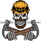 Construction Work Worker Building Contractor Builder Build Building Carpenter Skull Skeleton Red Eyes Hand Holding Hammer Crossed Design Element Color Business Company Job Design Logo Clipart SVG
