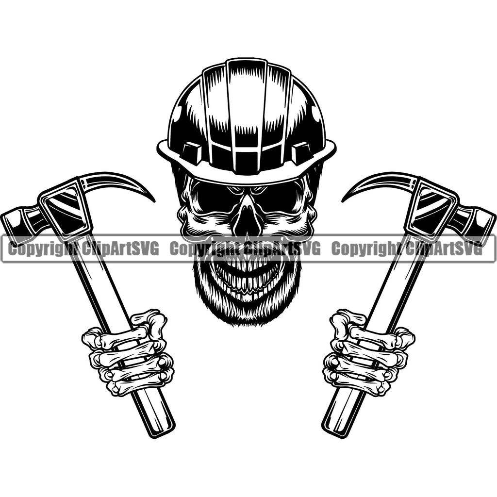 Construction Work Worker Building Contractor Builder Skull Skeleton Hand Holding Hammer White Background Design Element Build Building Carpenter Business Company Job Design Logo Clipart SVG
