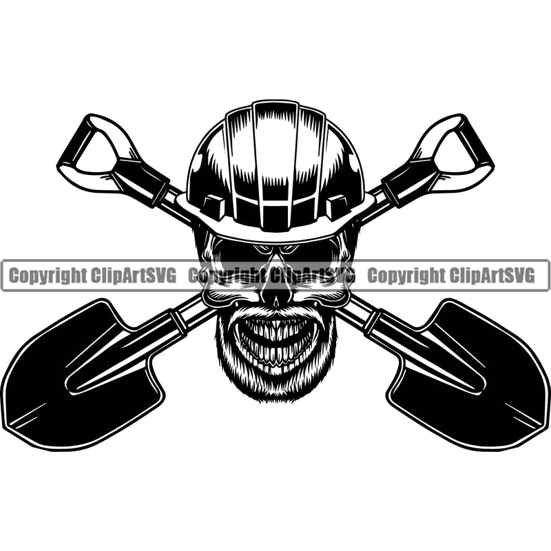 Construction Work Worker Building Contractor Builder Build Building Carpenter Skull Shovel Behind Crossed Down Logo Black Face White Background Design Element Business Company Job Design Logo Clipart SVG