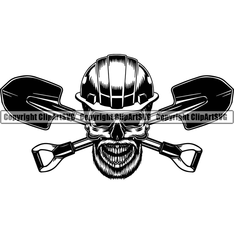 Construction Work Worker Building Contractor Builder Build Building Skull Skeleton Shovel Behind Crossed Logo Black Color White Background Design Element Carpenter Business Company Job Design Logo Clipart SVG