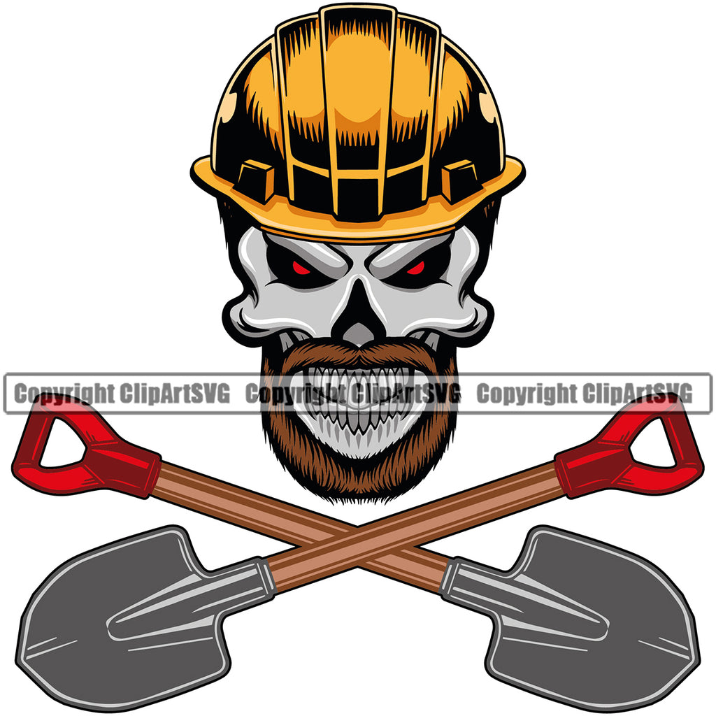 Construction Work Worker Building Skull Skeleton Red Head Design Element Shovels Crossed Repairing Tools Contractor Builder Build Building Carpenter Business Company Job Design Logo Clipart SVG