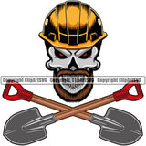 Construction Work Worker Building Skull Skeleton Red Head Design Element Shovels Crossed Repairing Tools Contractor Builder Build Building Carpenter Business Company Job Design Logo Clipart SVG