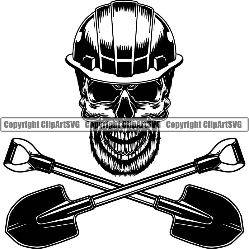 Construction Work Worker Building Contractor Skull Skeleton Shovels Crossed Black Color Head Design Element Repairing Tools White Background Builder Build Building Carpenter Business Company Job Design Logo Clipart SVG