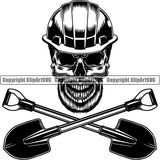 Construction Work Worker Building Contractor Skull Skeleton Shovels Crossed Black Color Head Design Element Repairing Tools White Background Builder Build Building Carpenter Business Company Job Design Logo Clipart SVG