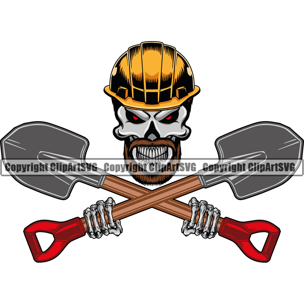 Construction Work Worker Building Contractor Builder Build Building Skull Skeleton Hand Holding Shovel Below Crossed Hand Holding Tools Red Eyes Helmet Design Element Logo Carpenter Business Company Job Design Logo Clipart SVG