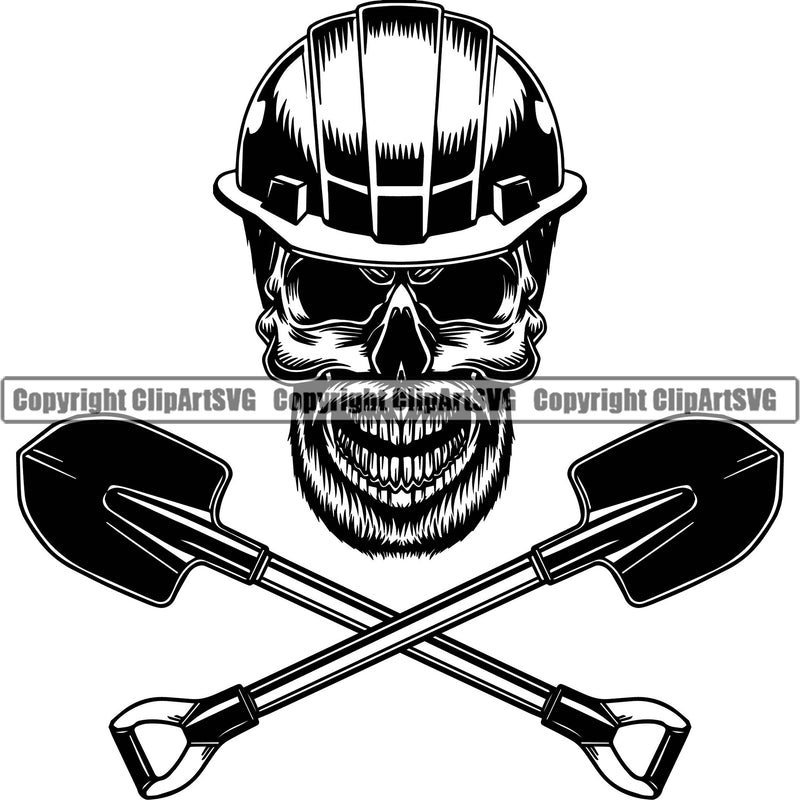Construction Work Worker Building Skull Skeleton Shovel Below Crossed Black Color Design Element White Background Tools Contractor Builder Build Building Carpenter Business Company Job Design Logo Clipart SVG