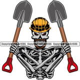 Construction Work Worker Building Contractor Builder Build Building Carpenter Skull Skeleton Body Hand Holding Shovel Crossed Tools Up Color Design Element Business Company Job Design Logo Clipart SVG