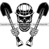Construction Work Worker Hand Holding Shovel Mine Miner Mining Building Contractor Builder Construction Skull Shovel Side Hand Holding Tools Black Color Design Element Logo Building Carpenter Business Company Job Design Logo Clipart SVG