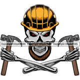 Construction Work Worker Hand Holding Hammer Mine Miner Mining Building Contractor Builder Build Building Skull Skeleton Arms Color Head White Background Design Element Carpenter Business Company Job Design Logo Clipart SVG