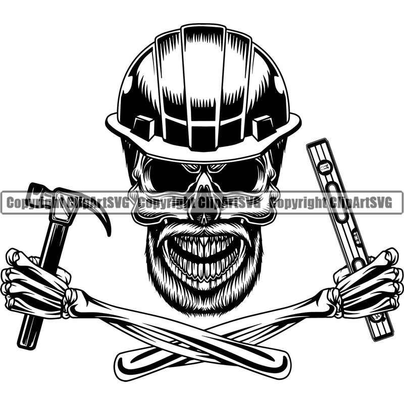 Construction Work Worker Hand Holding Hammer Level Building Contractor Builder Skull Skeleton Crossed Arms Design Element White Background Build Building Carpenter Business Company Job Design Logo Clipart SVG