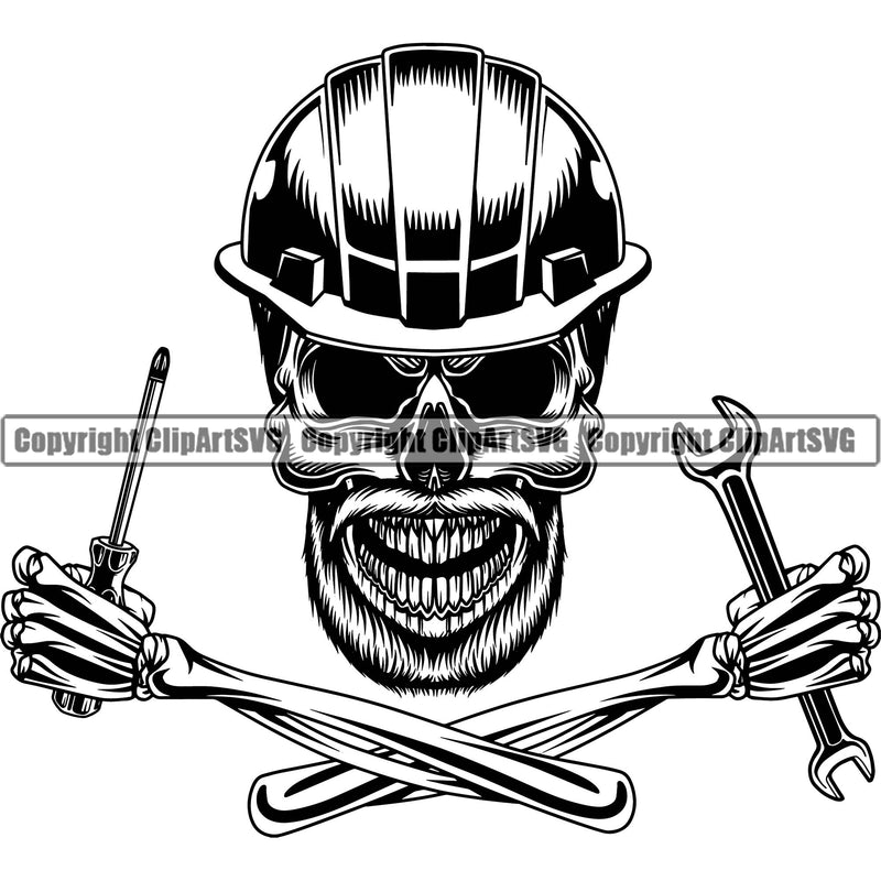 Construction Work Worker Hand Holding Wrench Screwdriver Building Contractor Builder Build Building Skull Skeleton Crossed Design Element Hand Holding Troops Carpenter Business Company Job Design Logo Clipart SVG