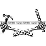 Construction Work Worker Building Skull Skeleton Hand Holding Hammer Crossed Design Element Builder Build Building Carpenter Business Company Job Design Logo Clipart SVG