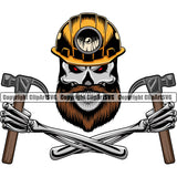 Construction Work Worker Hand Holding Hammer Mine Miner Mining Building Contractor Builder Skull Skeleton Arms Helmet Color Logo Hand Holding Hammer Design Element Building Carpenter Business Company Job Design Logo Clipart SVG