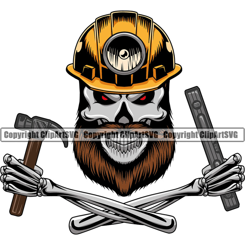 Mine Mining Miner Construction Work Worker Building Contractor Builder Build Building Skull Skeleton Arms Hand Holding Level Hammer Helmet Logo Carpenter Business Company Job Design Logo Clipart SVG