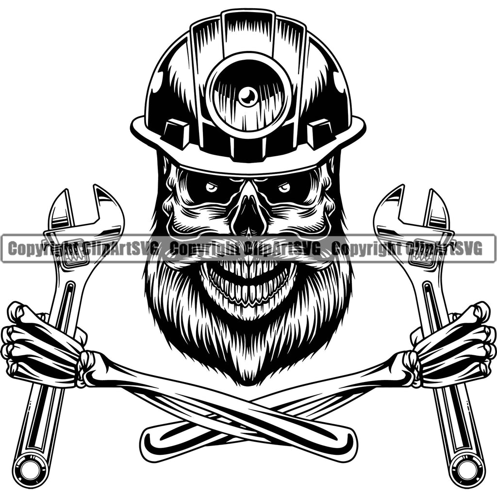 Construction Work Worker Building Contractor Builder Build Building Carpenter Skull Skeleton Arms Hand Holding Wrench Helmet Vector Design Element Repairing Tools Business Company Job Design Logo Clipart SVG