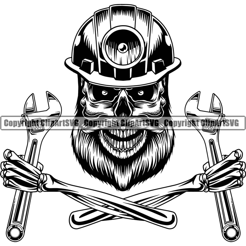 Construction Work Worker Building Contractor Builder Build Building Carpenter Skull Skeleton Arms Hand Holding Wrench Helmet Vector Design Element Repairing Tools Business Company Job Design Logo Clipart SVG