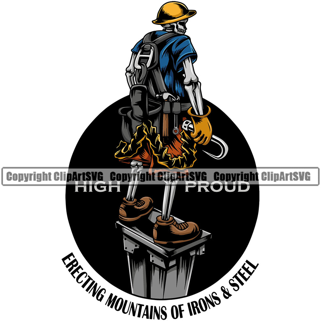 Construction Work Iron Worker Building Contractor Builder Build Building Skull Steel Worker Carpenter Design Element Erecting Mountains Of Irons And Steel Quote Text Business Company Job Design Logo Clipart SVG