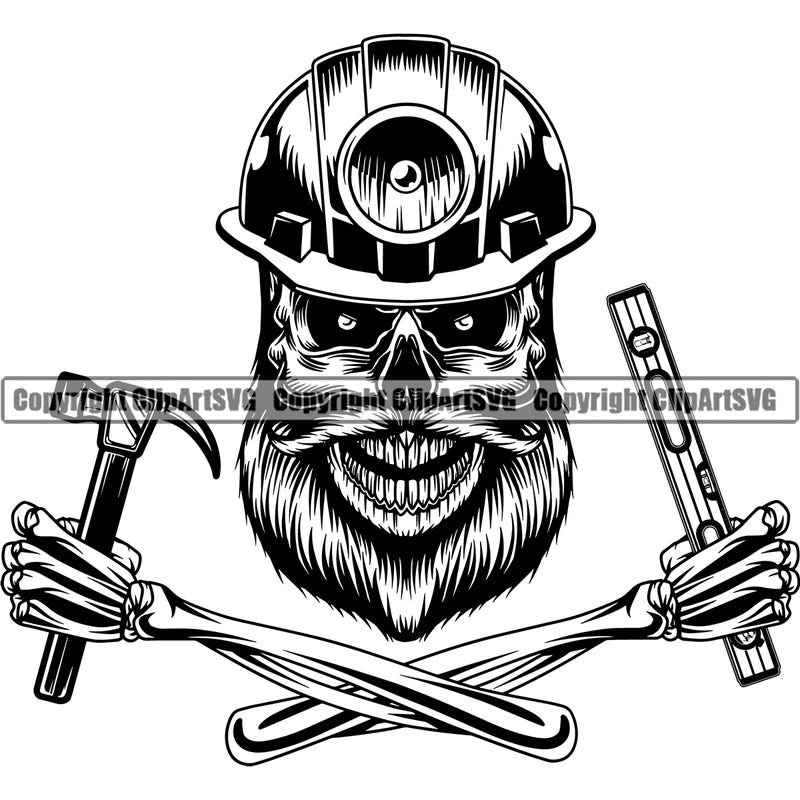 Construction Work Worker Building Contractor Builder Build Building Skull Skeleton Head Worker Crossed Arms Hand Holding Level Hammer Design Element Carpenter Business Company Job Design Logo Clipart SVG