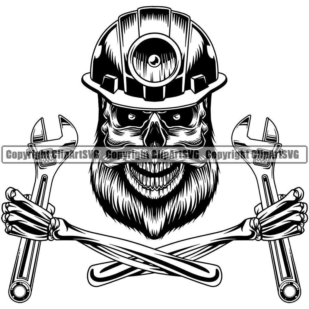 Construction Work Worker Building Contractor Skull Skeleton Worker Crossed Arms Hand Holding Wrenches Wrench White Background Design Element Builder Build Building Carpenter Business Company Job Design Logo Clipart SVG