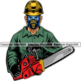 Hand Holding Chain Saw Machine Vector Design Element White Background Lumberjack Woodcutter Man Cartoon Character Wood Working Axe Forest Tree Logger Job Lumber Industry Log Mascot Art Logo Clipart SVG