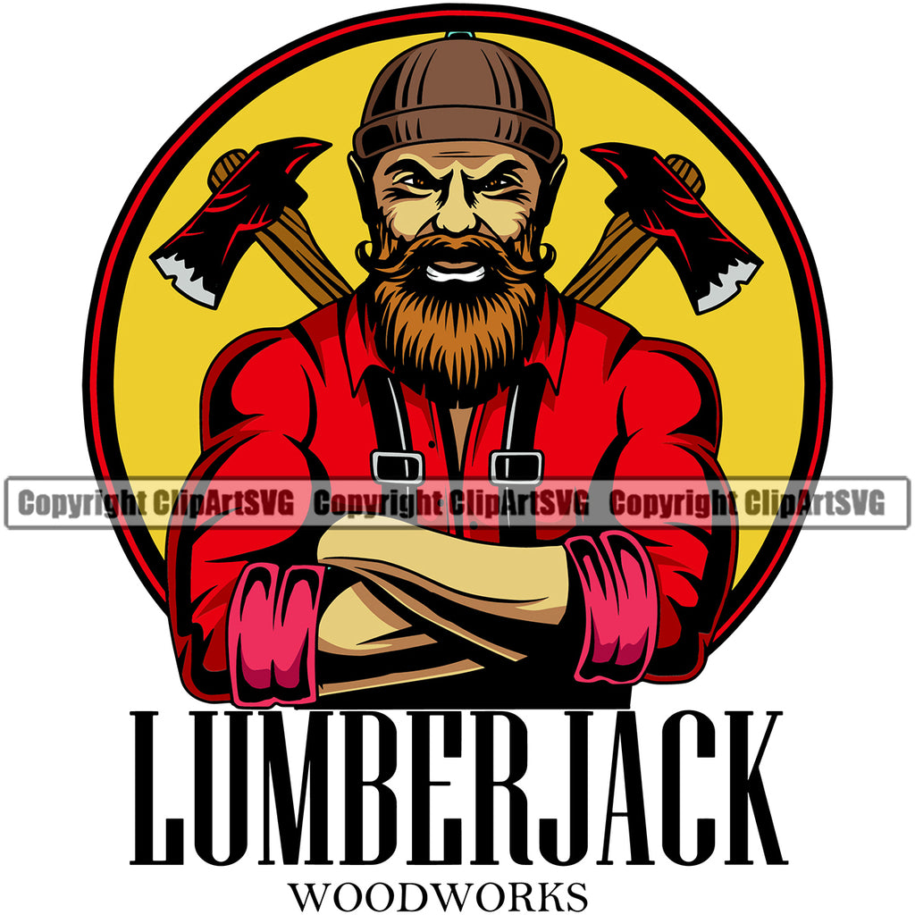 Lumberjack Woodworks Quote Woodcutter Man Standing Crossed Axe Vector Design Element White Background Cartoon Character Wood Working Axe Forest Tree Logger Job Lumber Industry Log Mascot Art Logo Clipart SVG