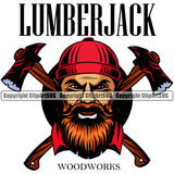 Lumberjack Woodworks Quote Man Head And Crossed Axe Design Element Woodcutter Man Cartoon Character Wood Working Axe Forest Tree Logger Job Lumber Industry Log Mascot Art Logo Clipart SVG