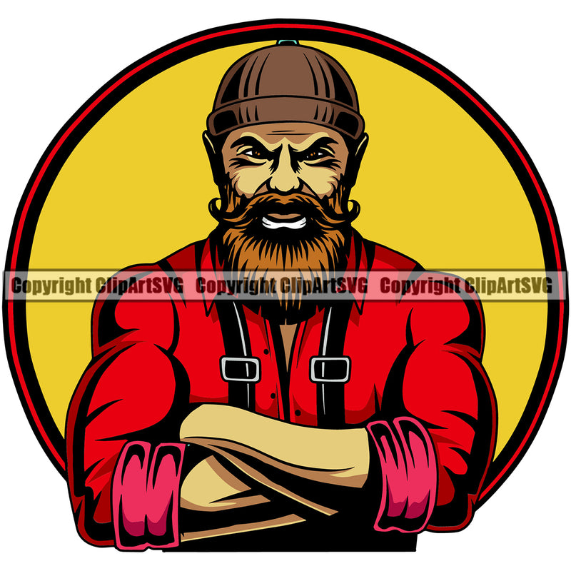 Lumberjack Woodcutter Man Cartoon Character Yellow Color Circle Logo Design Element White Background Wood Working Axe Forest Tree Logger Job Lumber Industry Log Mascot Art Logo Clipart SVG