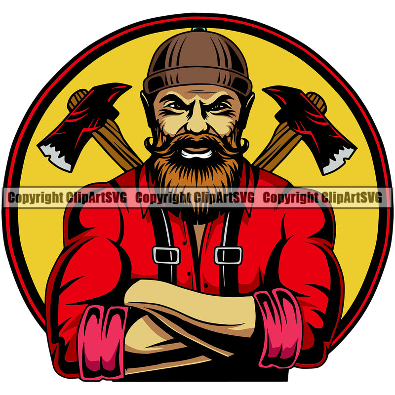 Lumberjack Man Standing And Crossed Axe Circle Logo Color Design Element Angry Face White Background Woodcutter Man Cartoon Character Wood Working Axe Forest Tree Logger Job Lumber Industry Log Mascot Art Logo Clipart SVG