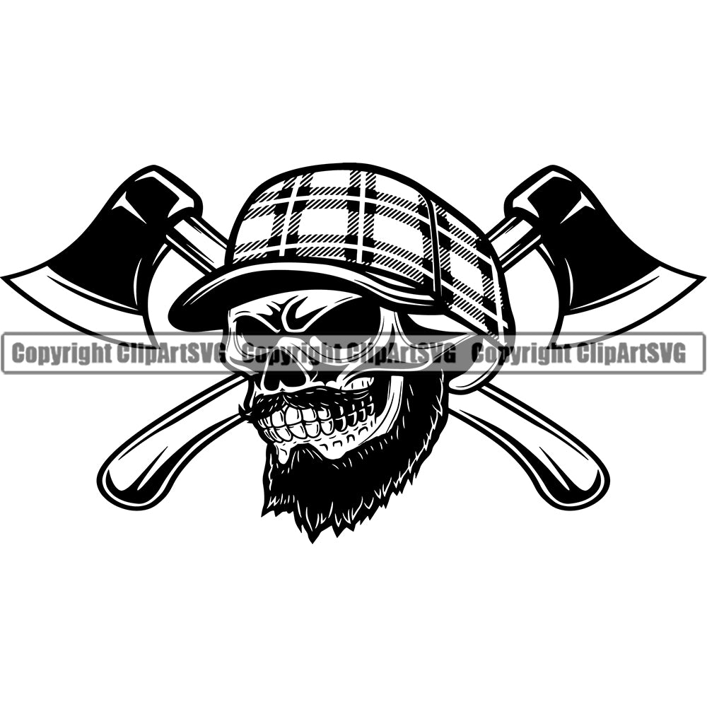 Lumberjack Skull Skeleton Wearing Hat Woodcutter Man Crossed Axe Vector Design Element Black And White BW Cartoon Character Wood Working Axe Forest Tree Logger Job Lumber Industry Log Mascot Art Design Logo