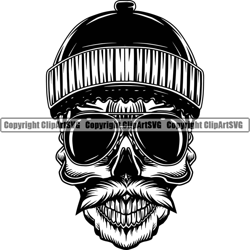 Black And White Skull Skeleton Wearing Sunglass And Hat BW Design Element Lumberjack Woodcutter Man White Background Cartoon Character Wood Working Axe Forest Tree Logger Job Lumber Industry Log Mascot Art Design Logo