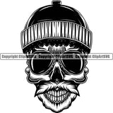 Black And White Skull Skeleton Wearing Sunglass And Hat BW Design Element Lumberjack Woodcutter Man White Background Cartoon Character Wood Working Axe Forest Tree Logger Job Lumber Industry Log Mascot Art Design Logo