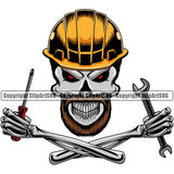 Construction Work Worker Building Contractor Builder Build Building Skull Skeleton Hand Wrench Screwdriver Color Bones Design Element White Background Yellow Color Helmet Carpenter Business Company Job Design Logo Clipart SVG