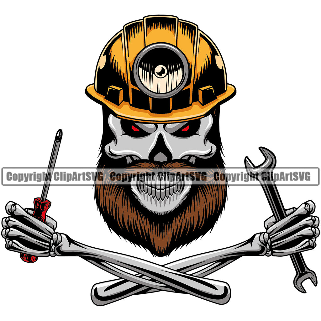 Construction Work Worker Building Contractor Skull Skeleton Arms Hand Wrench Screwdriver Helmet Logo Bones Crossed Arms White Background Design Element Builder Build Building Carpenter Business Company Job Design Logo Clipart SVG