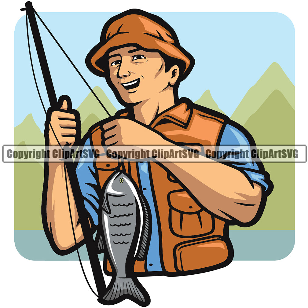 Happy smiling sitting fisherman character pull big huge enormous fish on fishing  pole hook bite from lake. Fishing hobby recreation sport nature concept  Stock Vector
