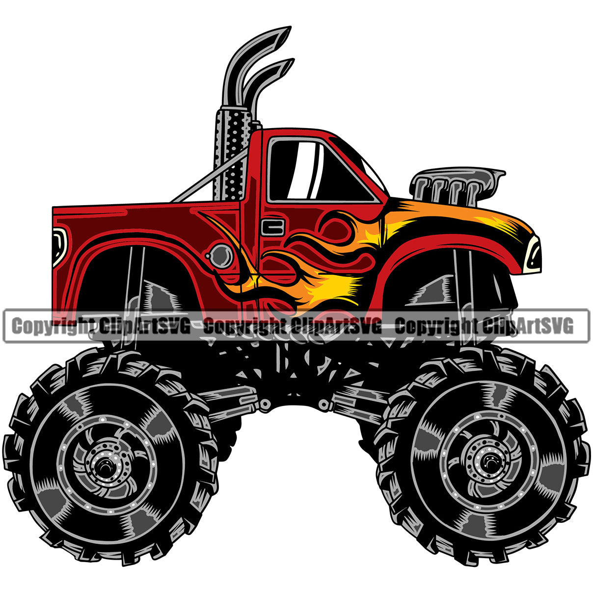 Monster truck. Bright colorful cartoon auto with big wheels. Heavy car with  large tires and black tinted windows. Isolated rally 4x4 computer or mobile  game Stock Vector by ©Designer_things 558772892