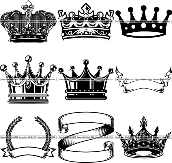 9 Crowns And Banner Ribbons Design Elements BUNDLE ClipArt SVG