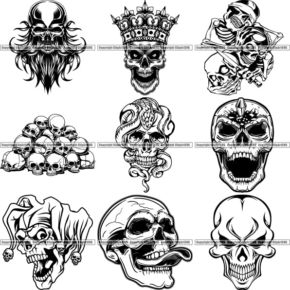 9 Skull Skeleton Top Selling Designs Death Bad Ass Kill Killer BUNDLE ClipArt SVG