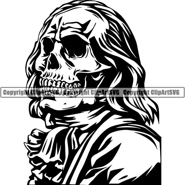 Money Cash Dead President Ben Franklin Skull Head Face Coin Collecting Dollar Sign Design Stack Bank Finance Rich Wealthy Knot Roll Spread 100 Dollar Bill Currency Advertise Marketing Clipart SVG