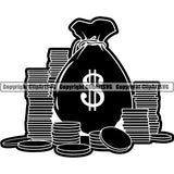Money Bag Coin Collecting Nickle Gold Coin Pile Design Element Cash Stack Knot Roll Rubber band Bundle Brick Spread Business Bank Finance Rich Wealthy Wealth Advertising Vector Clipart SVG