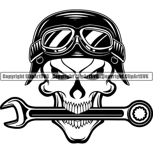 Mechanic Repair Shop Garage Motorcycle Helmet Wrench Skull ClipArt SVG
