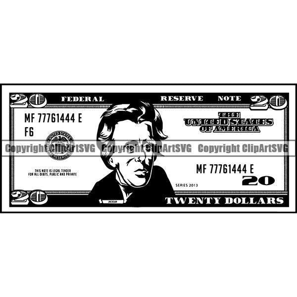 Money Cash 20 Twenty Dollar Bill Andrew Jackson Bank Currency Banking Coin Collecting Dollar Sign Design Stack Bank Finance Rich Wealthy Knot Roll Spread 100 Dollar Bill Currency Advertise Marketing Clipart SVG