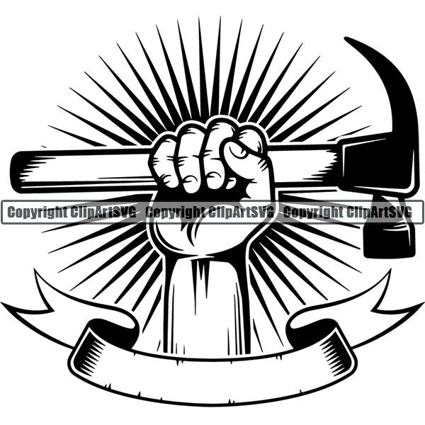 Construction Building Repair Service Hand Sunburst Ribbon ClipArt SVG