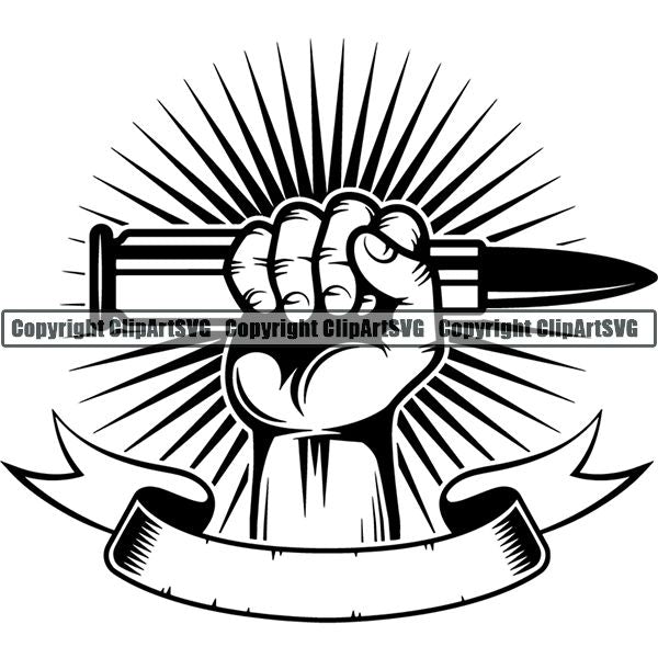 Military Weapon Gun Bullet Hand Sunburst Ribbon ClipArt SVG